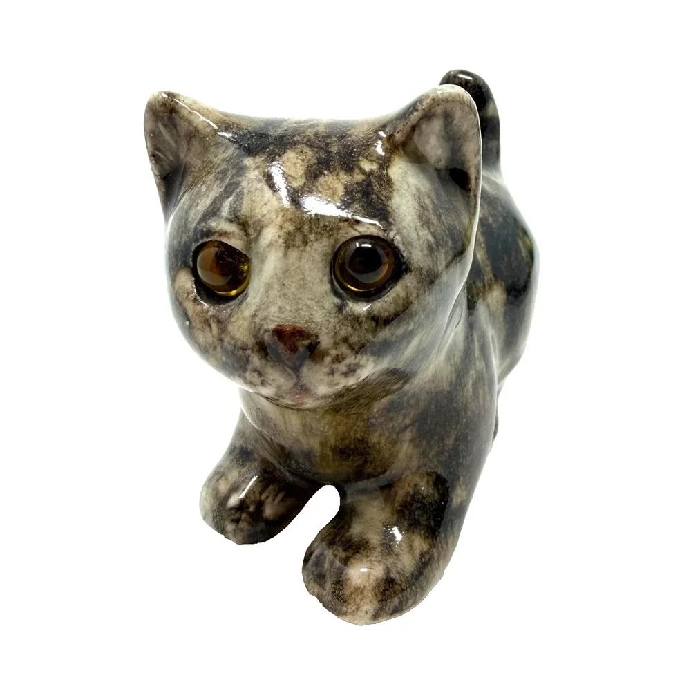 Vintage Studio Pottery Cat Figurine Amber Glass Eyes Realistic Ceramic Sculpture - Picture 1 of 13